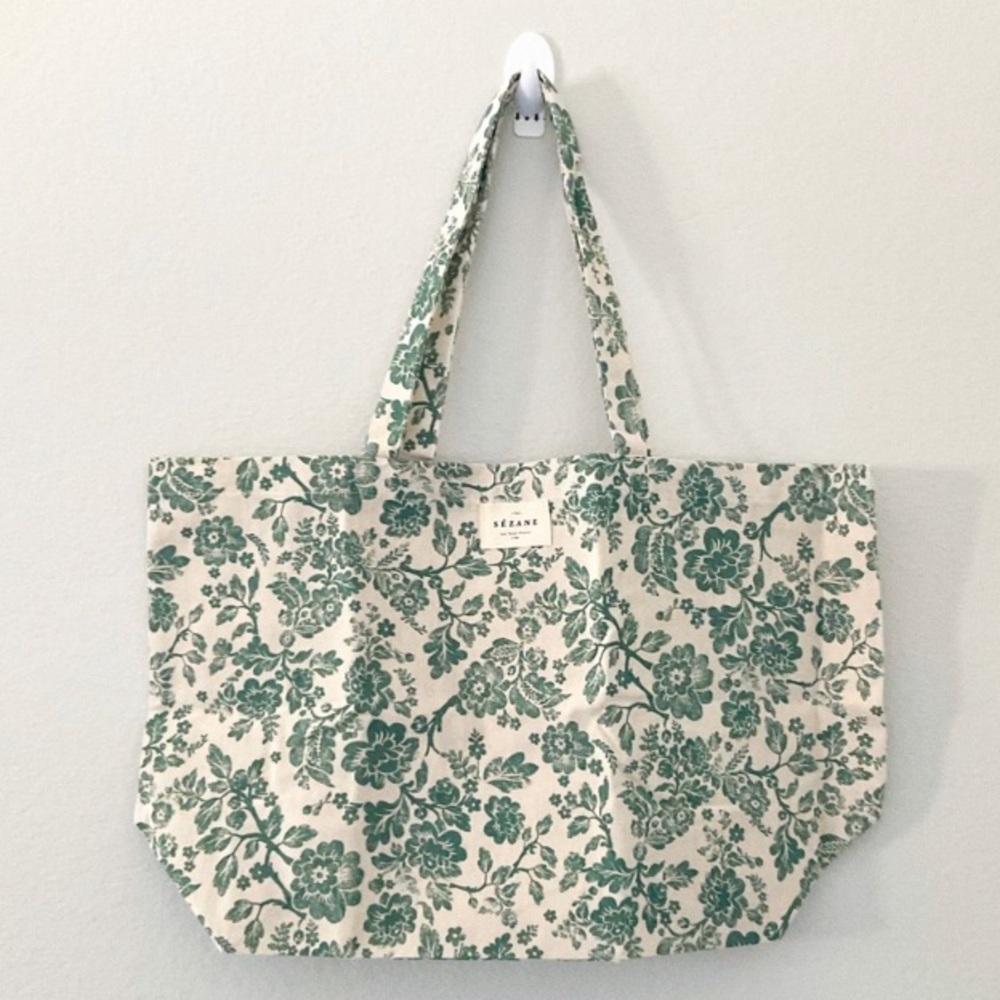 Sezane Green Floral Tote Bag